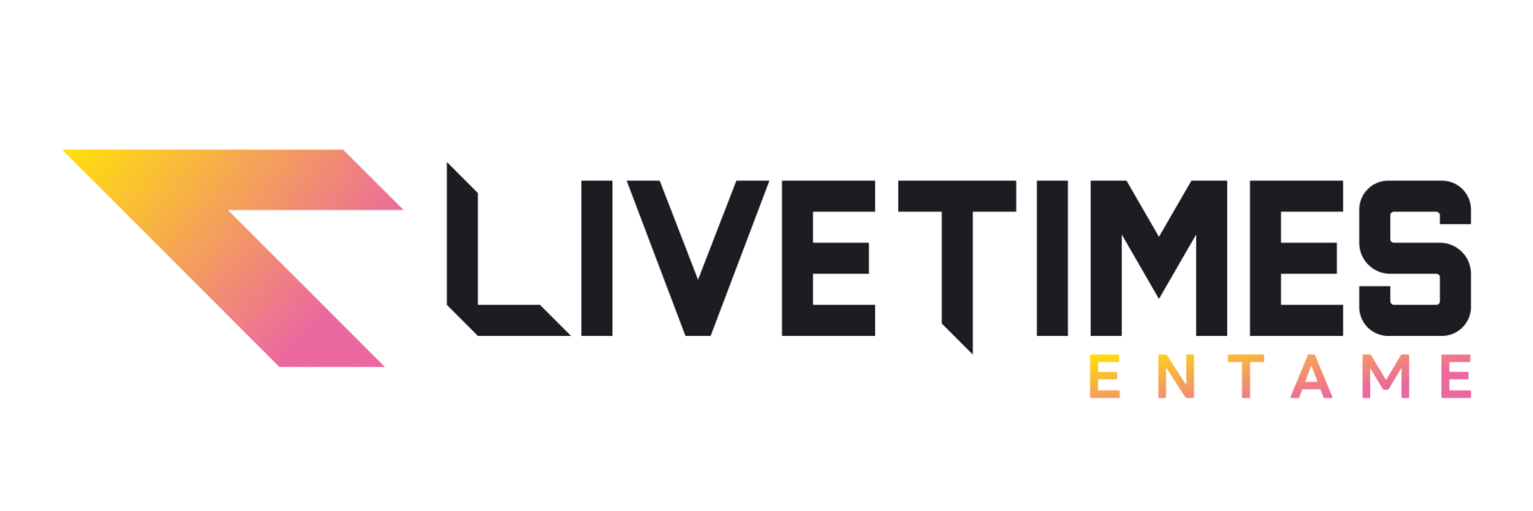LIVETIMES ENTAME logo: a gradient yellow‑pink diagonal arrow to the left and bold dark text reading LIVETIMES with a gradient ENTAME on the right.
