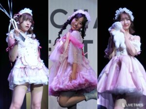 Three performers in pastel pink Lolita dresses posing on stage with frilly headpieces and ribbons (collage).