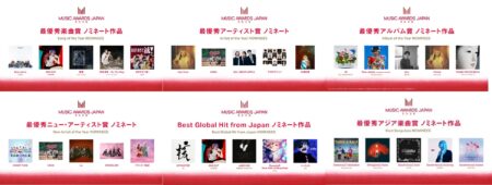 Music Awards Japan 2026 nominees gallery for Song, Artist and Album of the Year with album artwork panels.