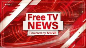 Red, high-contrast news banner reading 'Free TV News' with 'Powered by 17LIVE' in a futuristic studio background