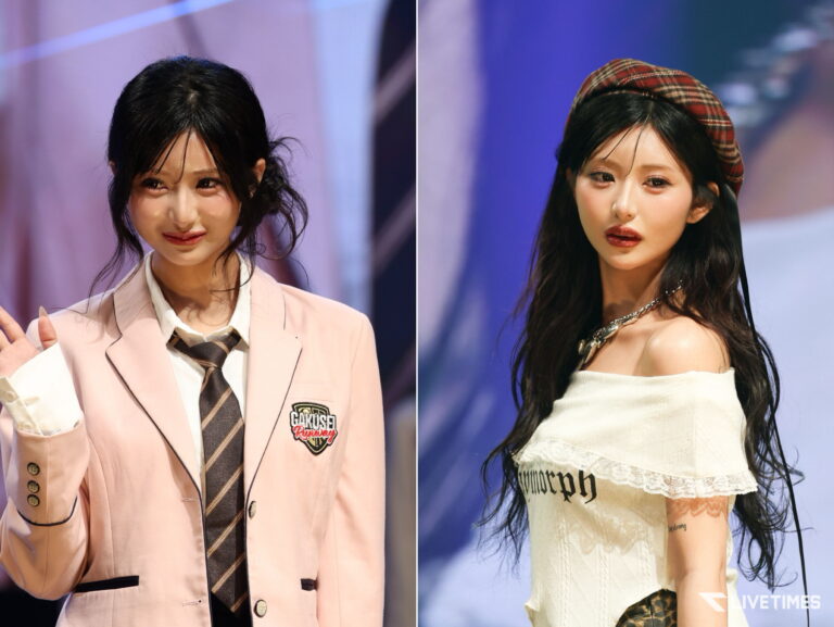 Two women posing on stage on a split image: left in a pale pink blazer with a striped tie, right in a white lace dress with a plaid beret.