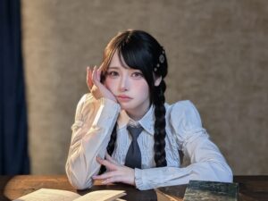 Young woman with long braids sits at a desk, resting her head on her hand in a contemplative pose.