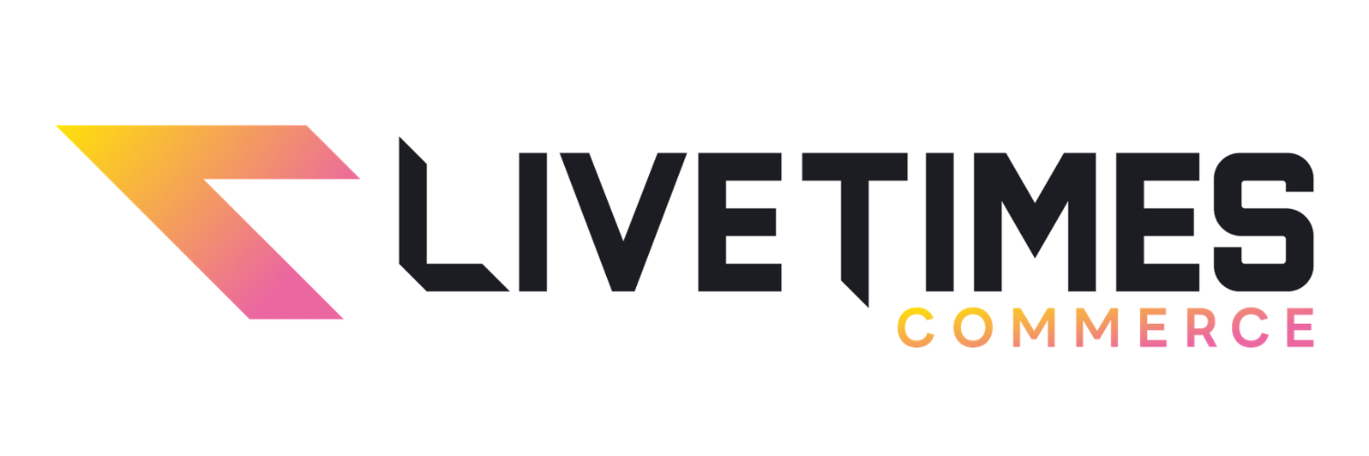 LiveTimes Commerce logo with a gradient L-shaped icon and bold wordmark, on black background