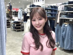 Woman wearing a pink shirt smiles at the camera inside a clothing store with racks of jeans and mannequins in the background.