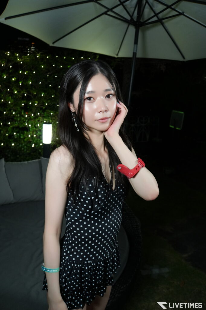 Portrait of a young woman in a black polka-dot dress, resting her face on her hand under a large outdoor umbrella with twinkling lights in the background at night.