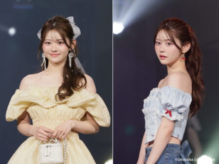 Two young women model outfits on a stage, split into left and right panels; left in a pale yellow off-shoulder dress with white handbag, right in a blue striped off-shoulder top with jeans.